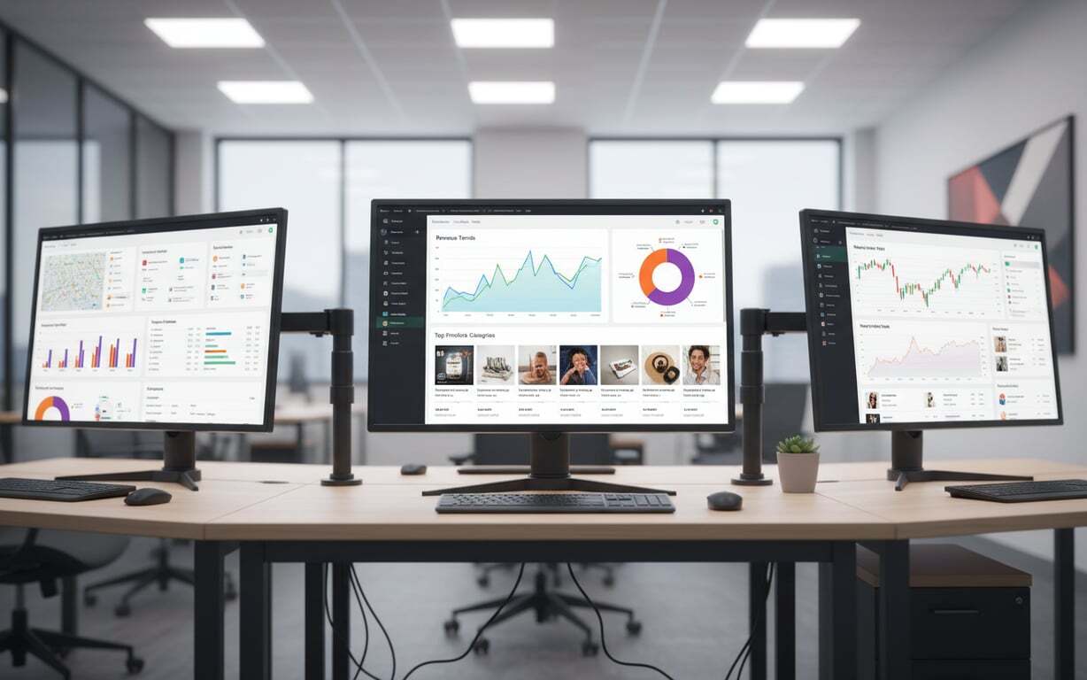 Σύγκριση πολλών dashboards μηχανών προτάσεων για eCommerce, δίπλα δίπλα σε οθόνες