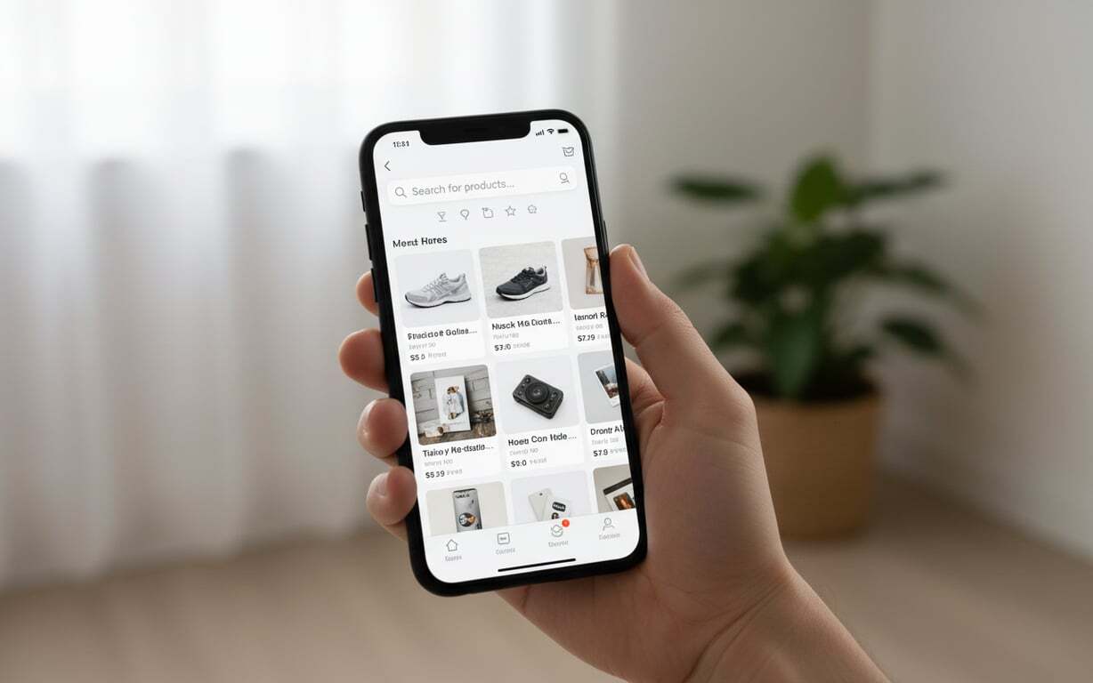 Prim-plan cu ecranul unui telefon care arată rezultate de căutare relevante, filtrate