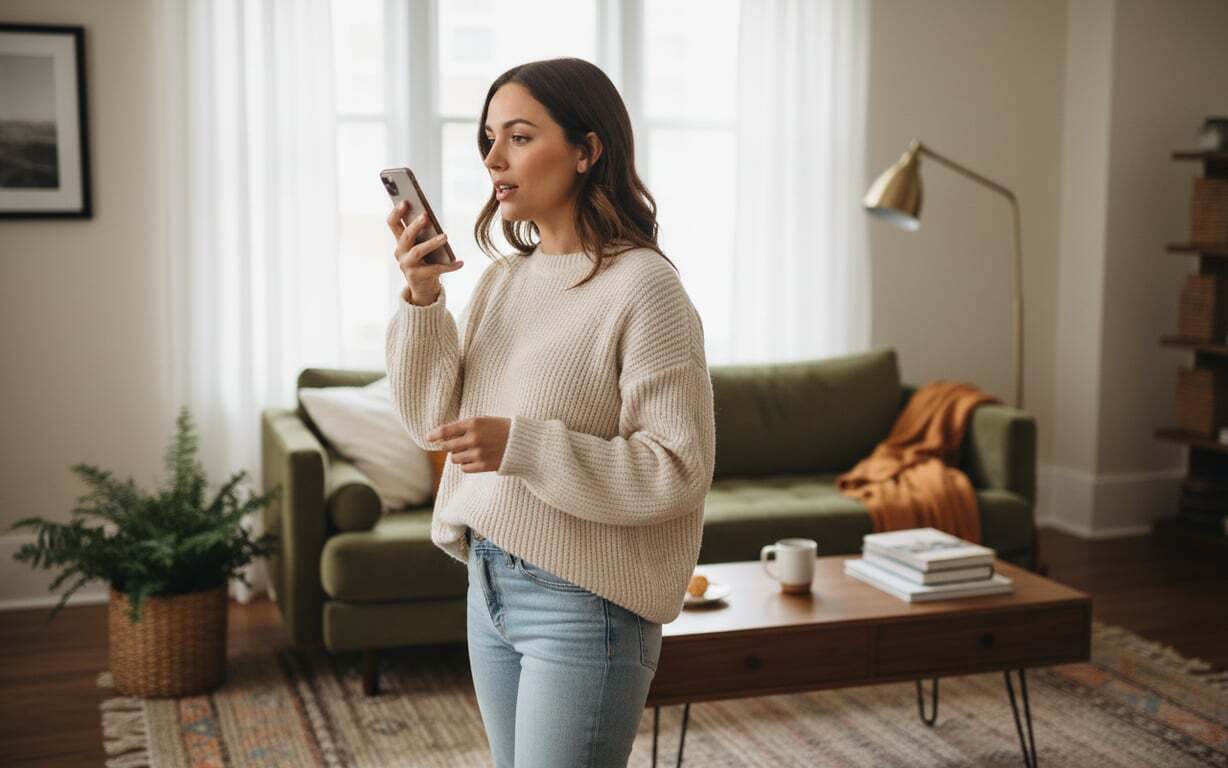 Femeie care vorbește la telefon ca să facă o căutare vocală în timp ce face cumpărături